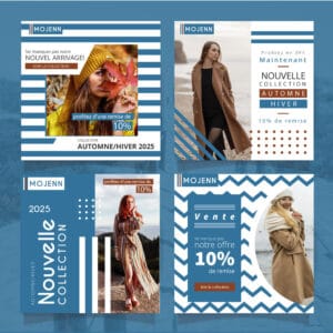 Visuels réseaux sociaux automne hiver 2025 pour marque de mode féminine – modèles de publications Canva élégants bleus et beiges