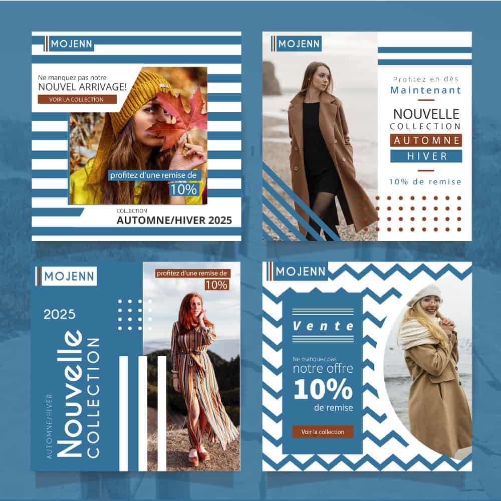 Visuels réseaux sociaux automne hiver 2025 pour marque de mode féminine – modèles de publications Canva élégants bleus et beiges