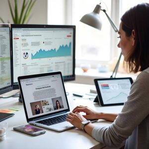 Pack Croissance Digitale : femme travaillant sur un article de blog, des visuels réseaux sociaux et des statistiques web.