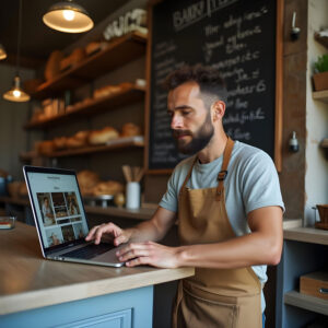 Commerçant français travaillant sur son ordinateur dans sa boutique, illustrant le lancement d’activité et la création de site professionnel.