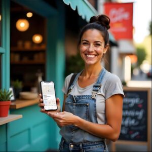 Pack Visibilité locale : commerçante souriante devant sa boutique affichant sa fiche Google Business sur smartphone.