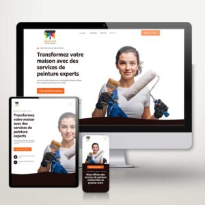 Site vitrine professionnel One Page pour une entreprise de peinture, avec une peintre souriante tenant un rouleau et un pinceau devant l’aperçu du site sur différents appareils