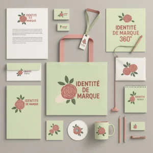 Identité de marque 360 – exemple de déclinaisons visuelles sur supports imprimés.