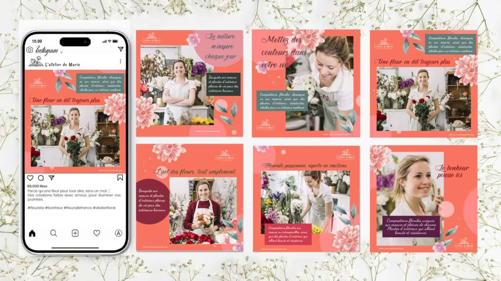 Visuels réseaux sociaux pour fleuriste avec créations graphiques Instagram et identité florale