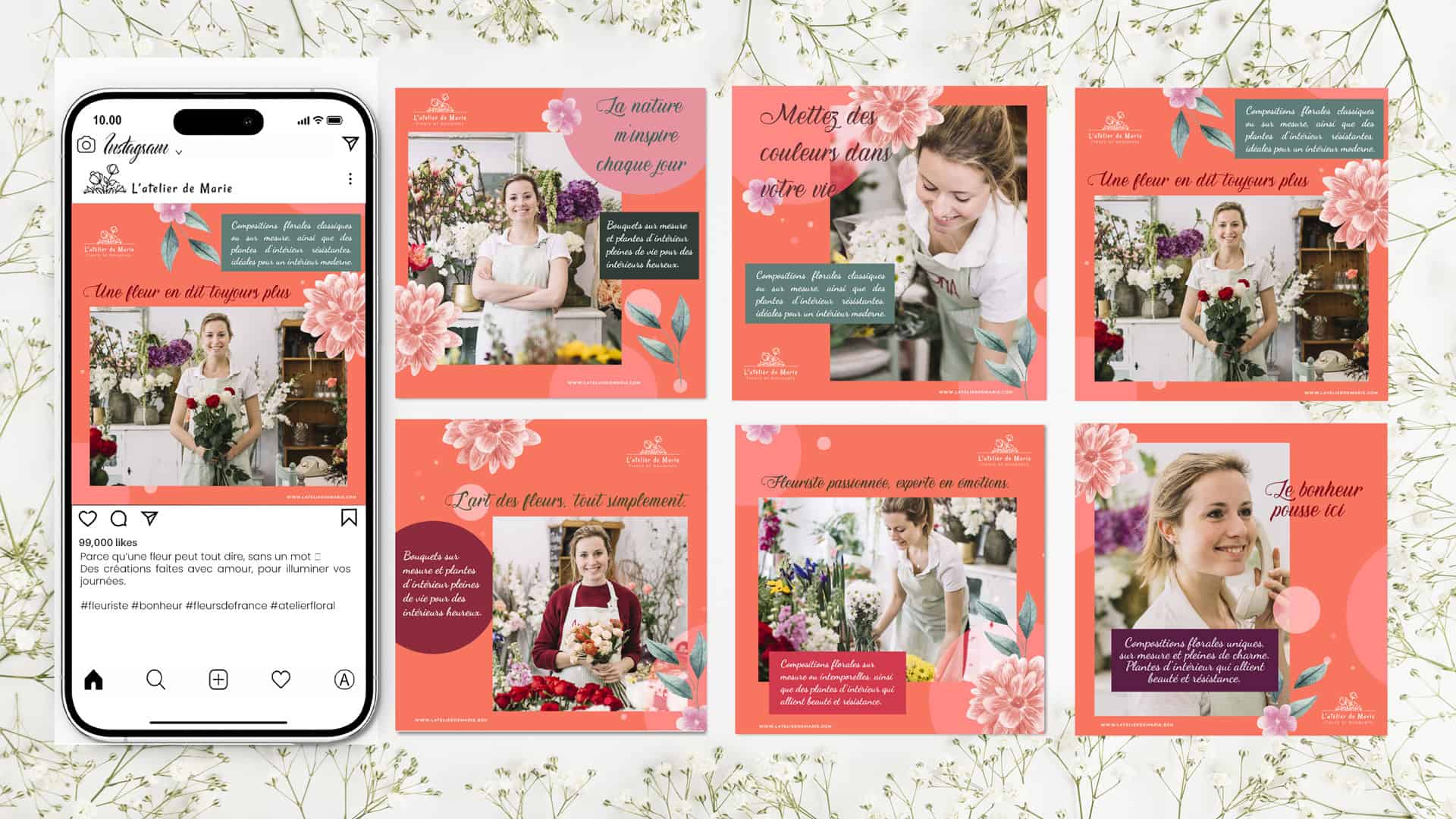 Visuels réseaux sociaux pour fleuriste avec créations graphiques Instagram et identité florale