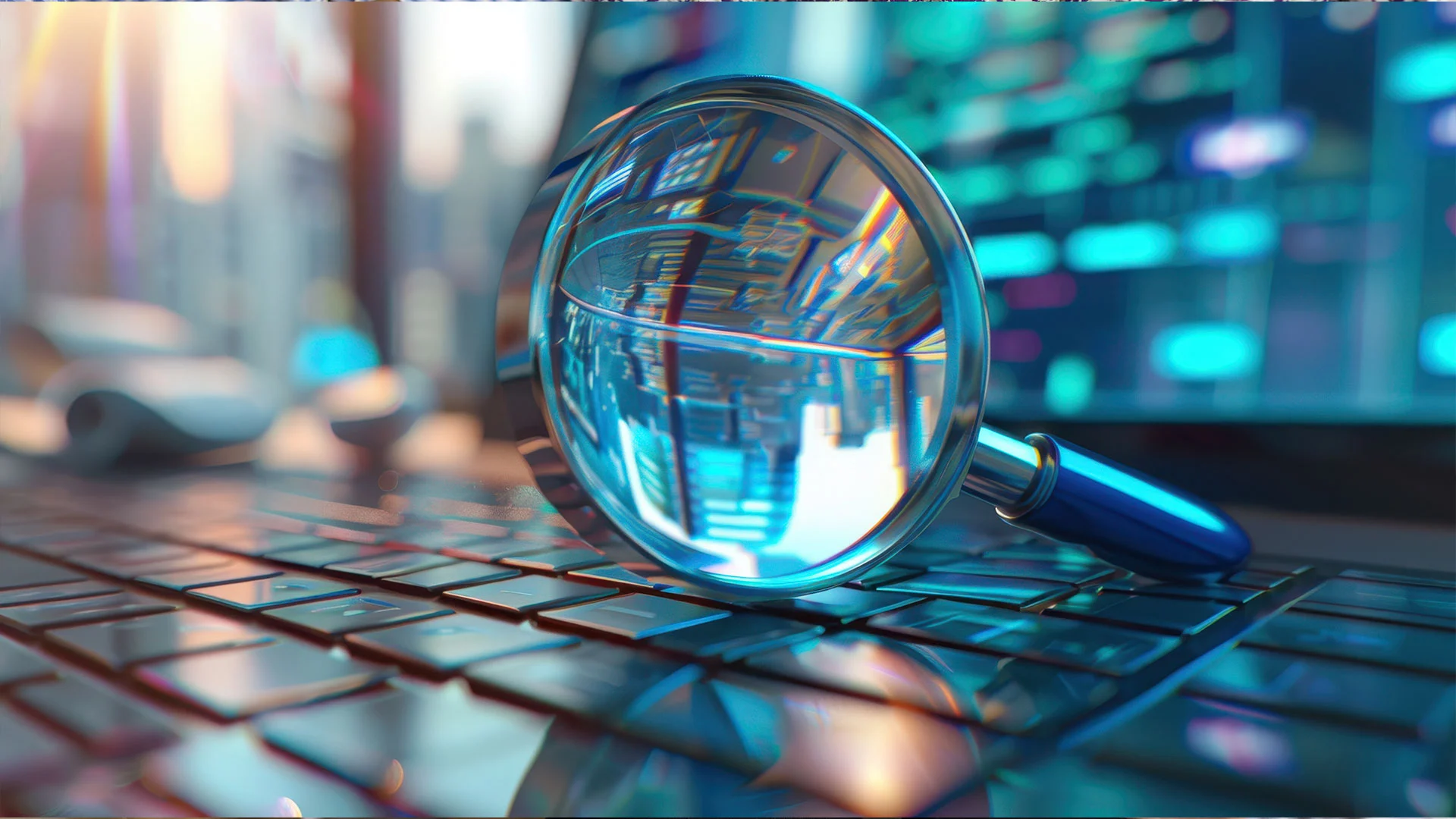 Loupe posée sur un clavier d’ordinateur, symbolisant l’audit web 360 et l’analyse en profondeur d’un site internet