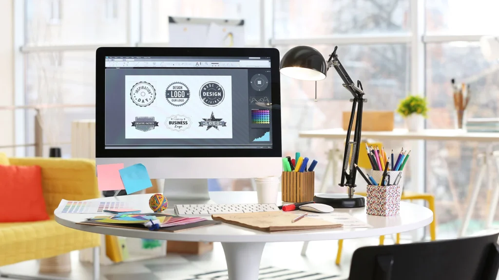 Écran d’ordinateur affichant des logos en création dans un bureau de graphisme, symbolisant les étapes essentielles d’une identité visuelle réussie