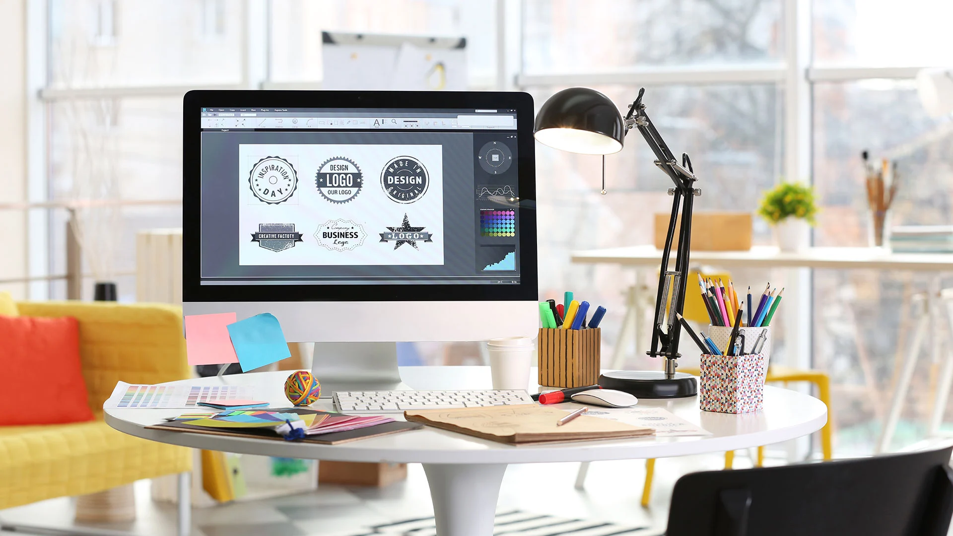 Écran d’ordinateur affichant des logos en création dans un bureau de graphisme, symbolisant les étapes essentielles d’une identité visuelle réussie