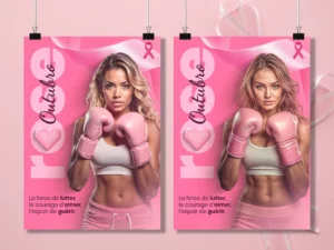 Affiche Octobre Rose avec une femme portant des gants de boxe roses, symbolisant la lutte contre le cancer du sein.