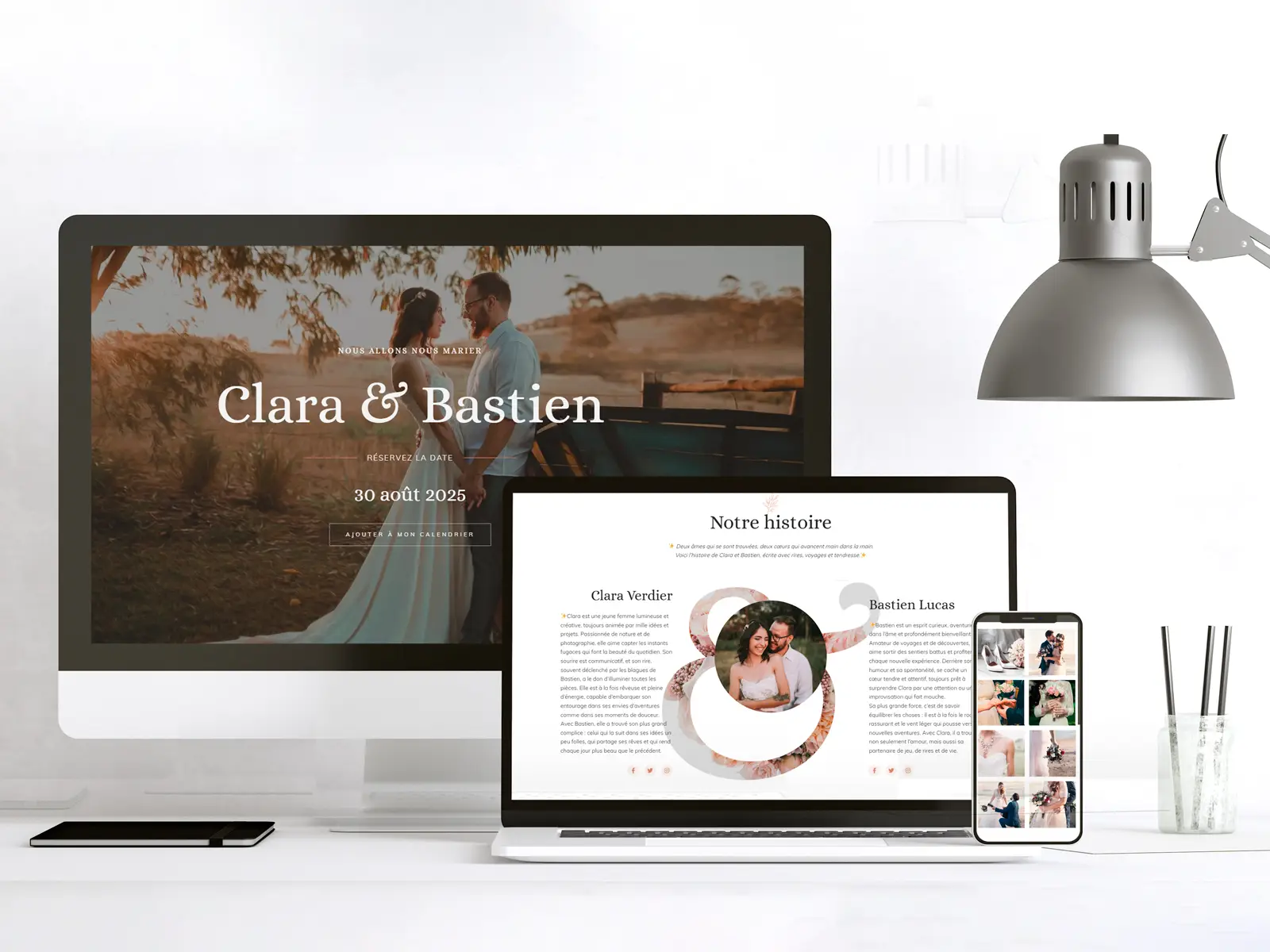 Mockup site de mariage Clara et Bastien affiché sur ordinateur, tablette et smartphone – présentation de leur histoire et date de mariage 30 août 2025