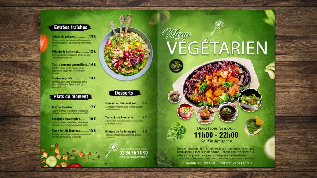 Carte de menu végétarien française avec entrées, plats et desserts, sur fond vert naturel, illustrant un design moderne et appétissant.