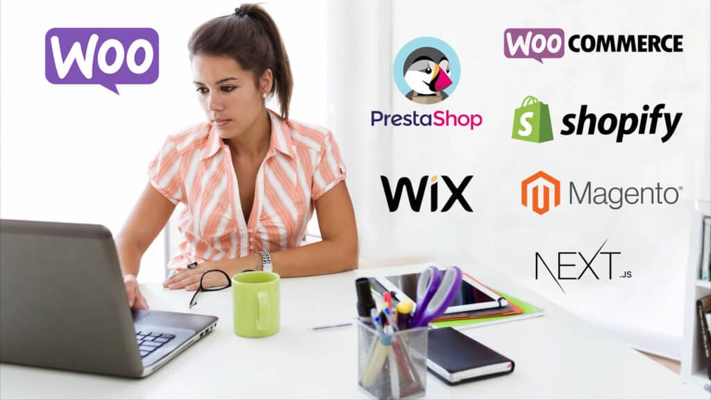 Femme travaillant sur un ordinateur pour comparer différentes plateformes e-commerce (WooCommerce, Shopify, PrestaShop, Wix, Magento, Next.js) — à la recherche de la meilleure plateforme e-commerce pour son activité.