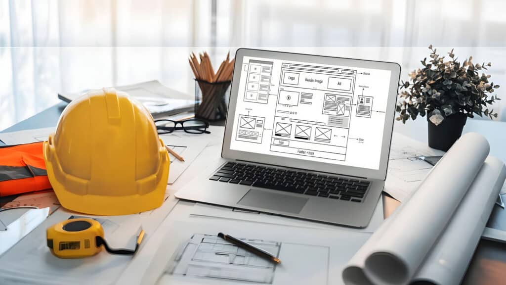 refonte de site web WordPress – ordinateur portable affichant une maquette de site avec casque de chantier sur un bureau, symbolisant la modernisation et la reconstruction d’un site professionnel