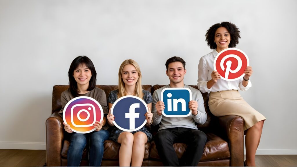 Équipe tenant les logos Instagram, Facebook, LinkedIn et Pinterest illustrant la gestion et la délégation d’une stratégie réseaux sociaux pour entreprise.