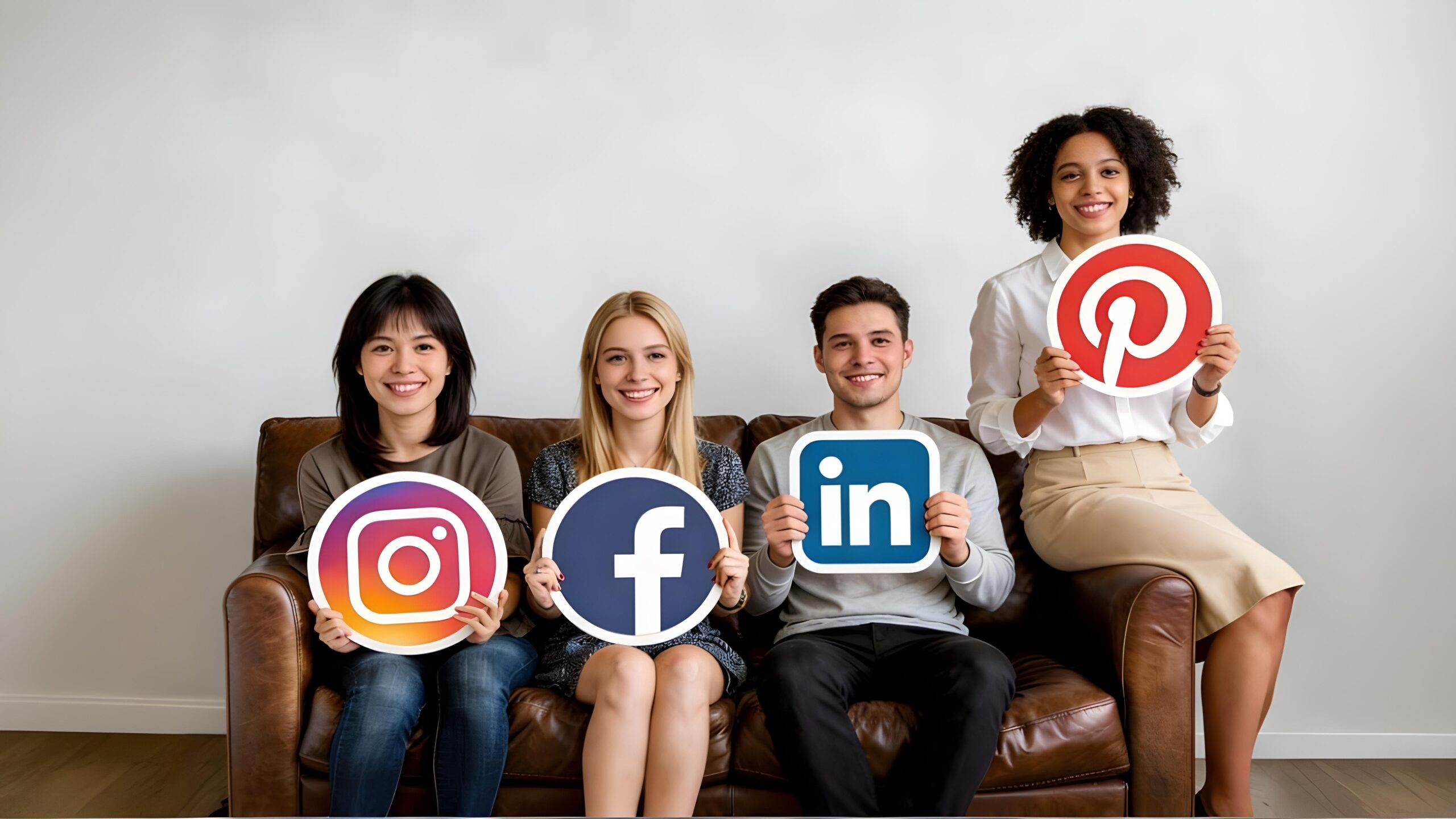 Équipe tenant les logos Instagram, Facebook, LinkedIn et Pinterest illustrant la gestion et la délégation d’une stratégie réseaux sociaux pour entreprise.