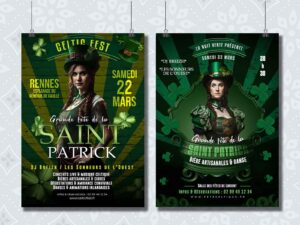 Affiches de la fête de la Saint-Patrick pour un événement celtique, avec illustrations vertes et ambiance irlandaise