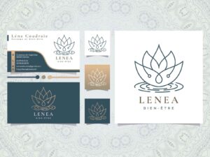 Identité visuelle et logo de Lenea Bien-Être, avec déclinaisons sur cartes de visite et supports imprimés