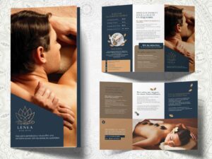 Dépliant de bien-être et massages pour Lenea Bien-Être, avec visuels de soins relaxants et ambiance zen