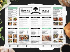Menu de restaurant La Bonne Table avec plats du jour, burgers, desserts et spécialités maison