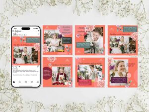 Visuels pour réseaux sociaux présentant le feed Instagram de l’Atelier de Marie, avec une identité florale et colorée