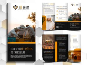 Dépliant de formation aux métiers de l’apiculture pour Bee Form, avec présentation des programmes et visuels d’apiculteurs
