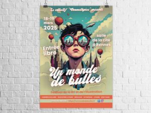 Affiche du festival de la bande dessinée « Un monde de bulles » à Rennes, avec illustration onirique et univers graphique rétro
