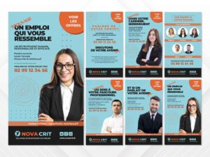 Visuels pour réseaux sociaux de l’agence de recrutement Nova Crit, mettant en avant offres d’emploi et accompagnement professionnel