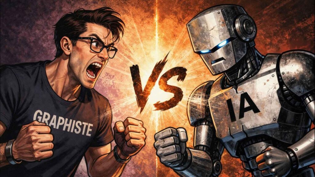 Graphiste vs IA : illustration d’un graphiste affrontant un robot pour symboliser le débat entre intelligence artificielle et création d’identité visuelle