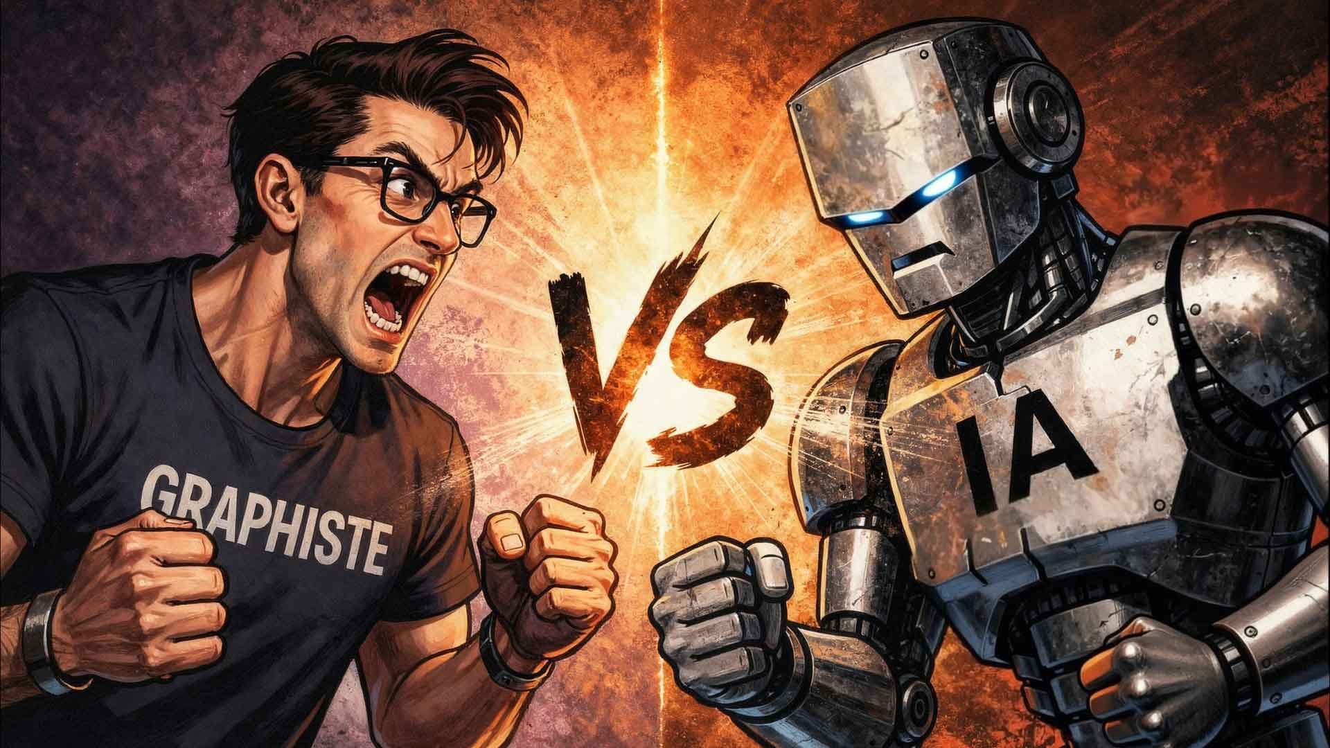 Graphiste vs IA : illustration d’un graphiste affrontant un robot pour symboliser le débat entre intelligence artificielle et création d’identité visuelle
