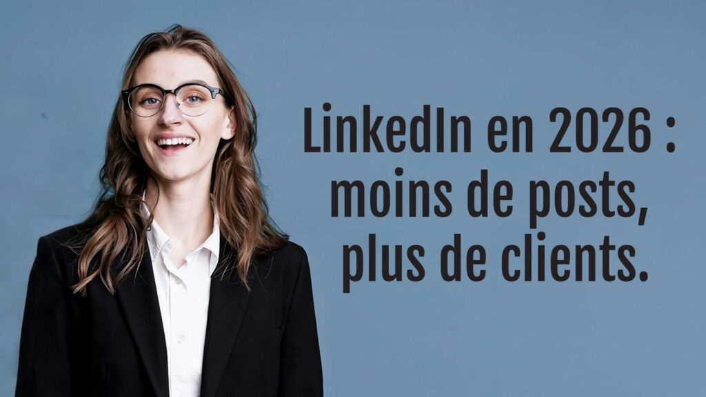 Christelle freelance souriante présentant LinkedIn en 2026, moins de posts plus de clients, stratégie de visibilité LinkedIn